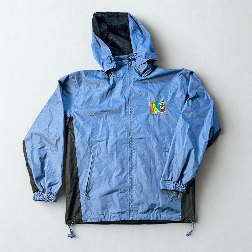 Men Medium Hooded Windbreaker Statue of Liberty Find Your Park Blue Jacket